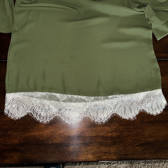 NY COLLECTION Lace Trim Blouse Olive Green Medium - Picture 10 of 14